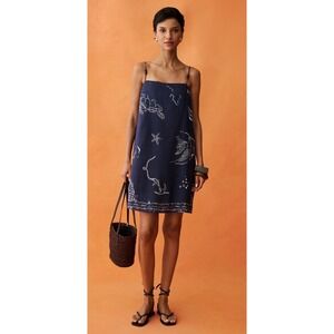 Few Moda Anaya Navy Blue Nautical Sea Life Print Linen Mini Dress Size 6
